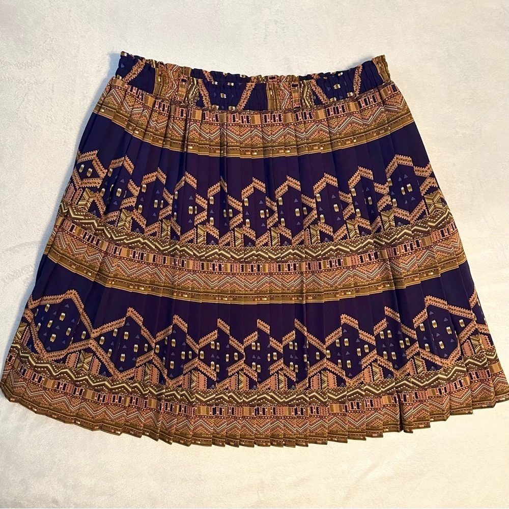 Anthropologie Edme & Esylle Aztec Pleated Mini Skirt Womens Small Navy Blue Tan